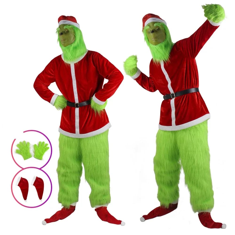 Costumi Cosplay Grinch per Natale, Set con Maschera in Peluche Verde, Pantaloni, Guanti, Cappello Rosso da Babbo Natale, Calzini, Regalo per le Feste