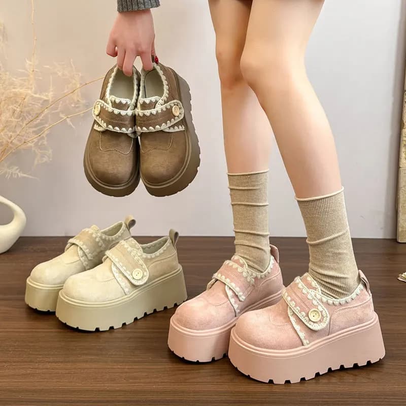 Women's Beige Suede Platform Loafers Pearl Trim Velcro Strap Height Increase 3-6cm Retro Sweet Spring 2026 New Fashion