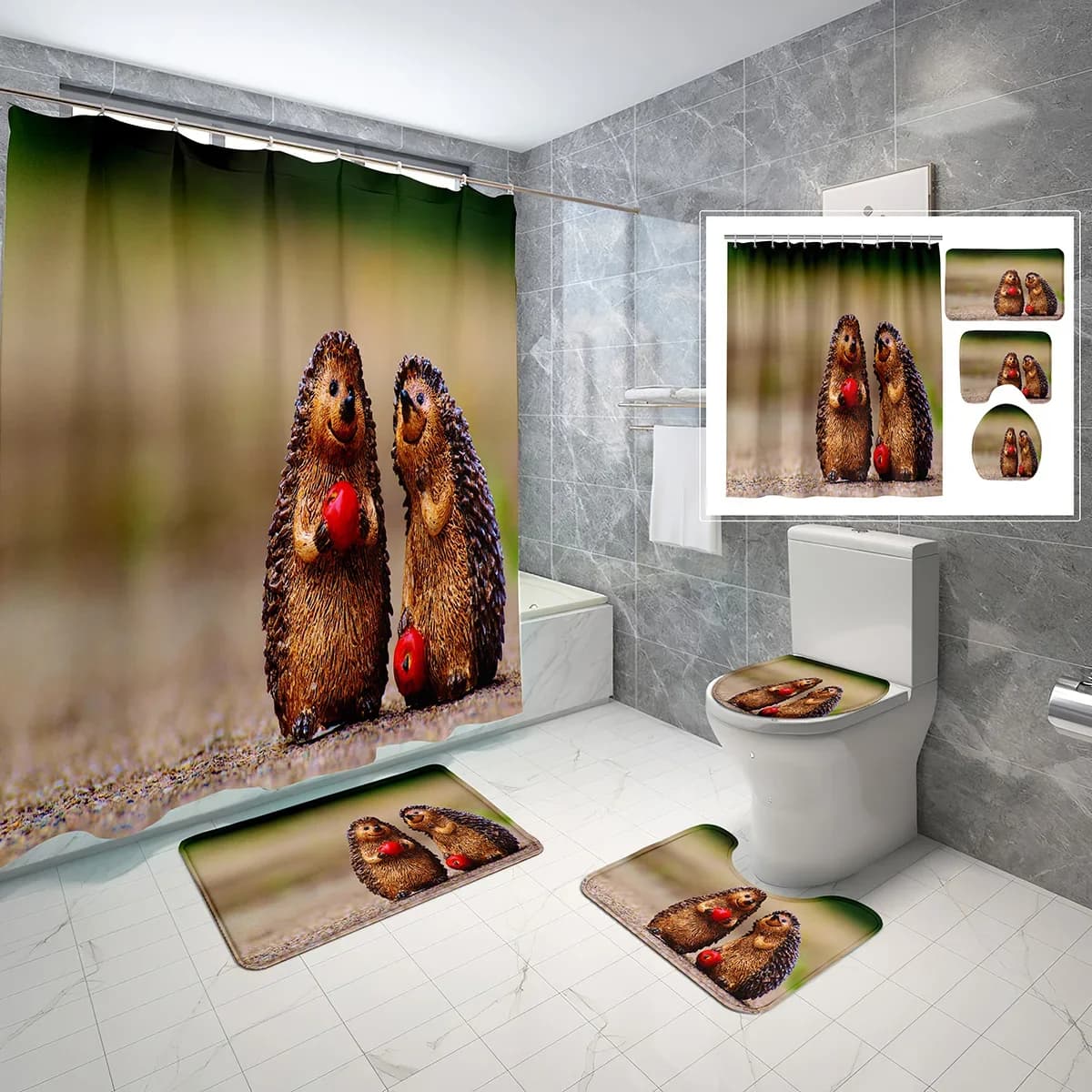 Set di 4 Pezzi per Doccia con Riccio, Simpatici Animali e Fiori, Tappetino Antiscivolo, Copriwater, Tenda da Doccia Impermeabile