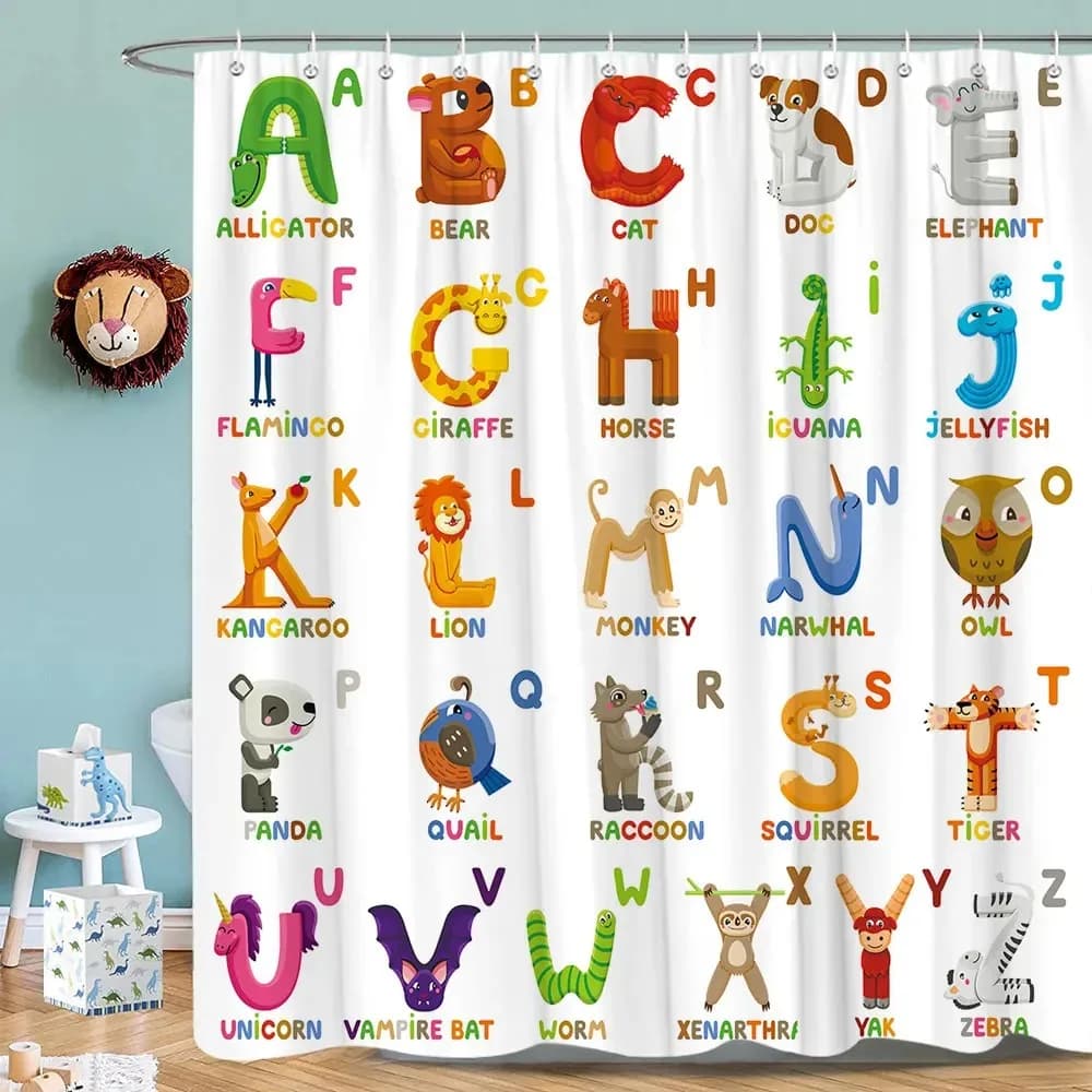 Tende da doccia con alfabeto per bambini per decorazioni per il bagno Strumento di apprendimento educativo ABC Animali dei cartoni animati per bambini Ragazze colorate stampate