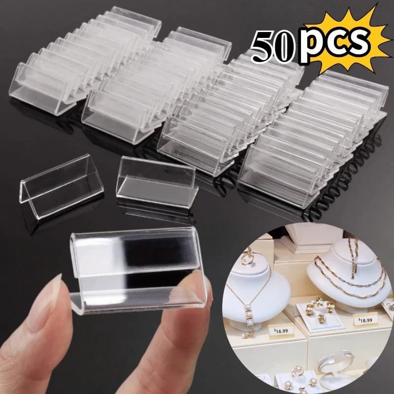 50 Pezzi Mini Espositori in Acrilico 4x2cm, Porta Etichette e Cartellini Rettangolari Trasparenti per Negozi al Dettaglio