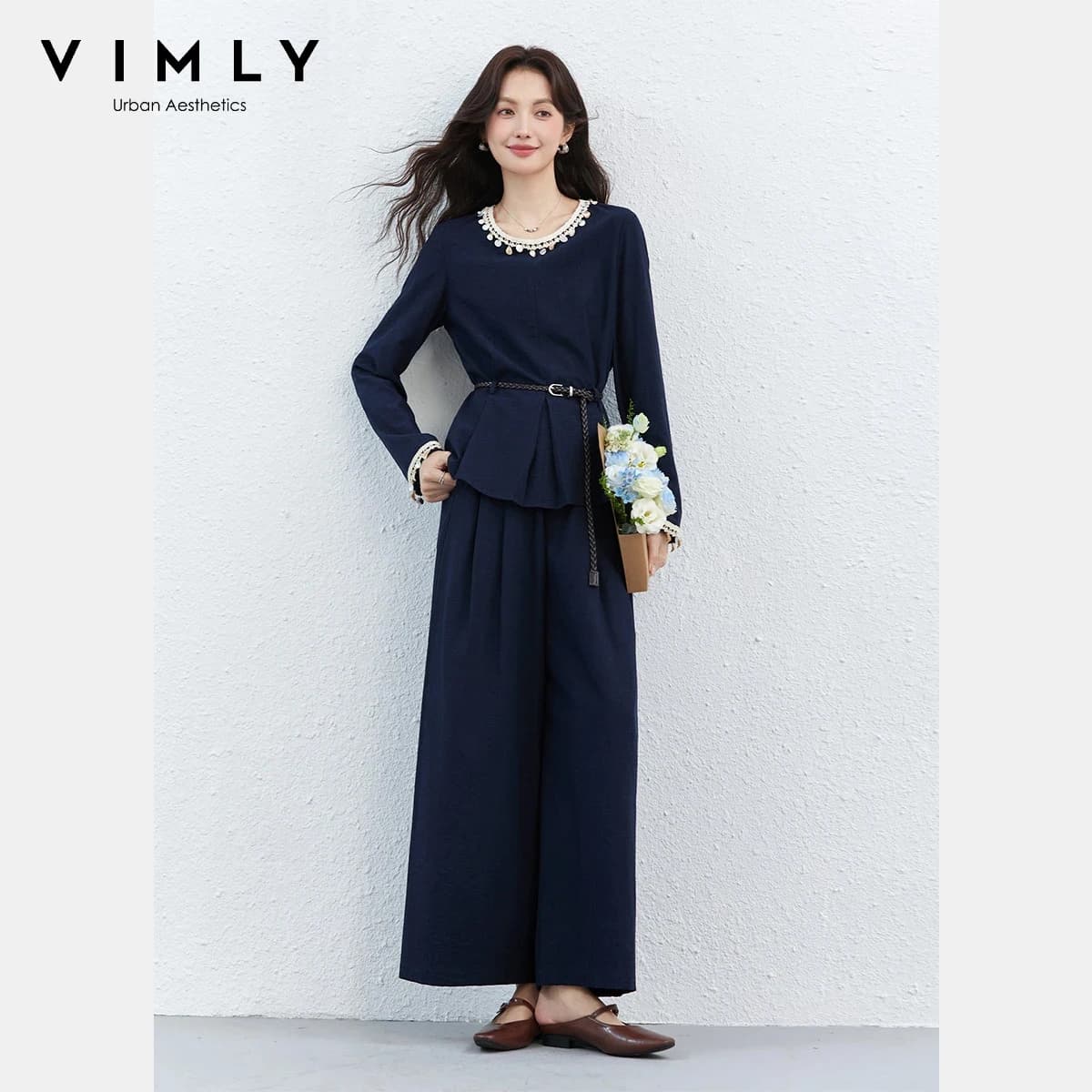 Completo Casual da Donna VIMLY, Nuova Collezione Primavera 2026, Top con Collo a Girocollo, Ciondolo a Conchiglia, Nastro e Lacci, Pantaloni a Gamba Larga, Set 2 Pezzi per Donna A3763