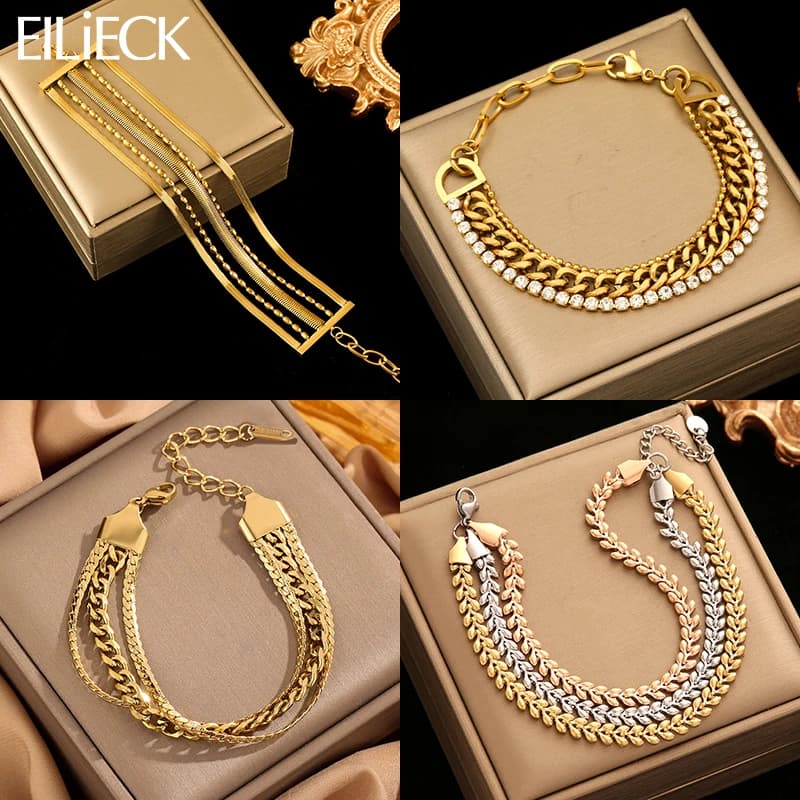 EILIECK Bracciale a catena multistrato alla moda in acciaio inossidabile 316L per donna Squisita catena da polso in metallo dorato Gioielli impermeabili G