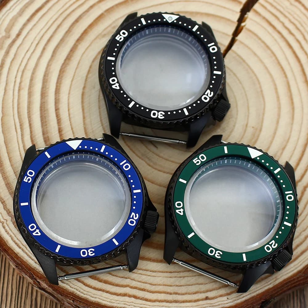 for SKX007 NH35 NH36 Mechanical Movement Watch Case 42.5mm Black Mod DIY Parts Sapphire Crystal With Green Chapter Ring Bezel