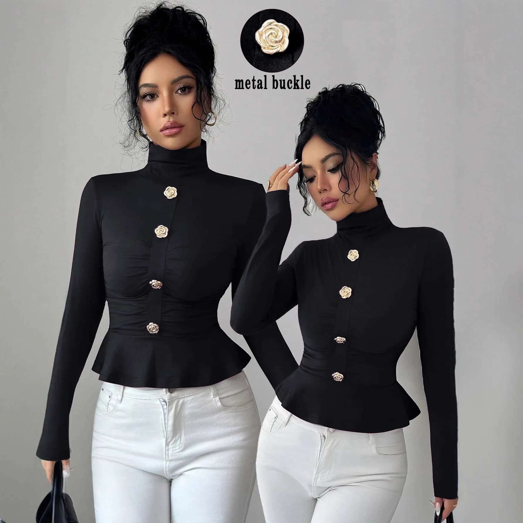 Dolcevita elegante da donna con top snellente, dettaglio rosa, bottoni in metallo, design increspato, camicetta slim fit casual da ufficio, moda quotidiana