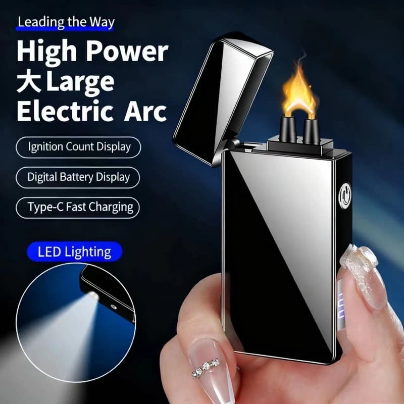 Innovativa tecnologia nera, display della batteria con accensione ad arco ad alta tensione ad alta potenza, ricarica di tipo C, illuminazione a LED, accendino antivento