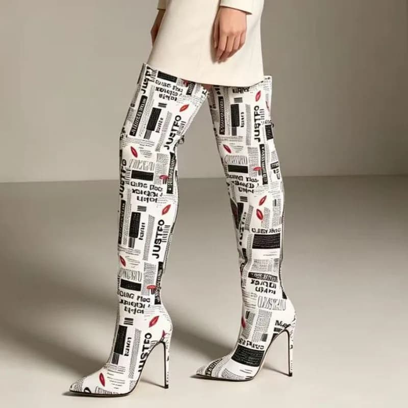 2026 Autumn /Winter Women's Newspaper Printed Knee High Heels, Fashionable Pointed Toe Party Fashion, Women's Thigh Boots 43