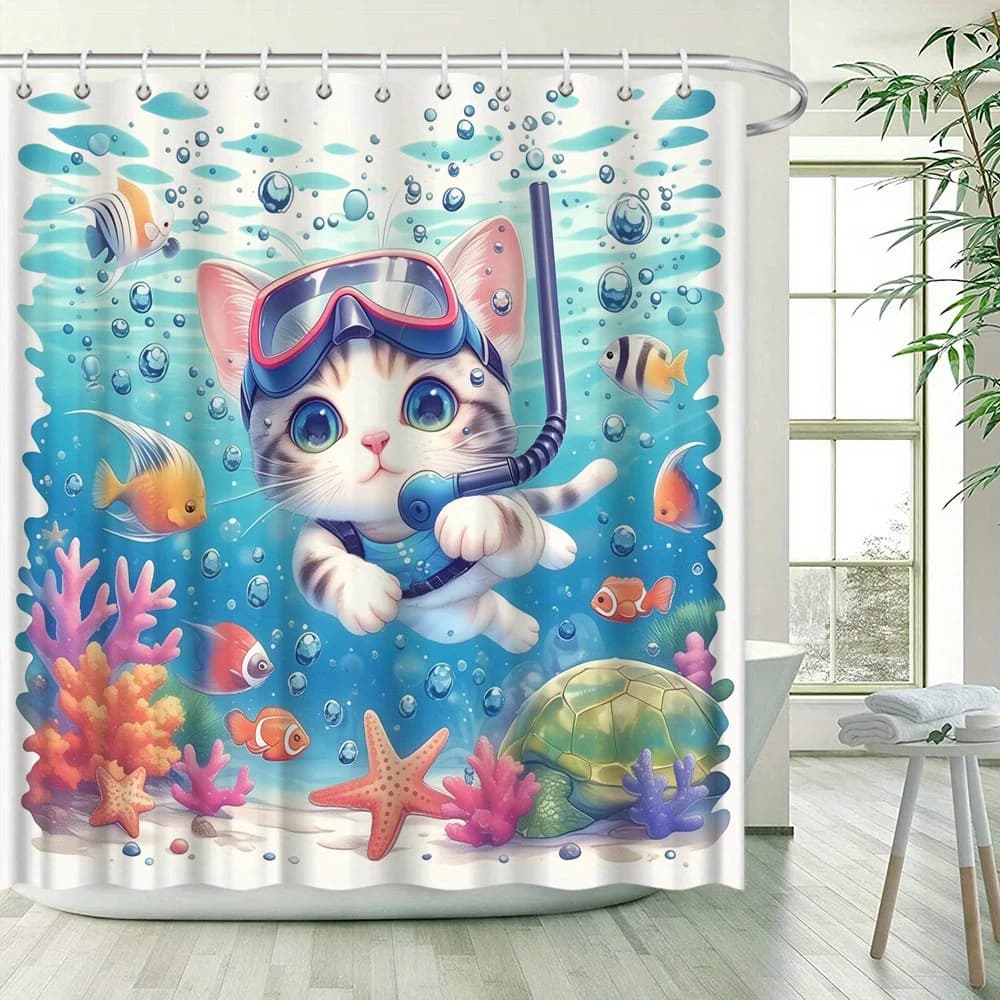 Simpatico gatto immersioni subacquee nell'oceano Tenda da doccia impermeabile per l'arredamento moderno del bagno, elegante e durevole, perfetta per l'uso domestico
