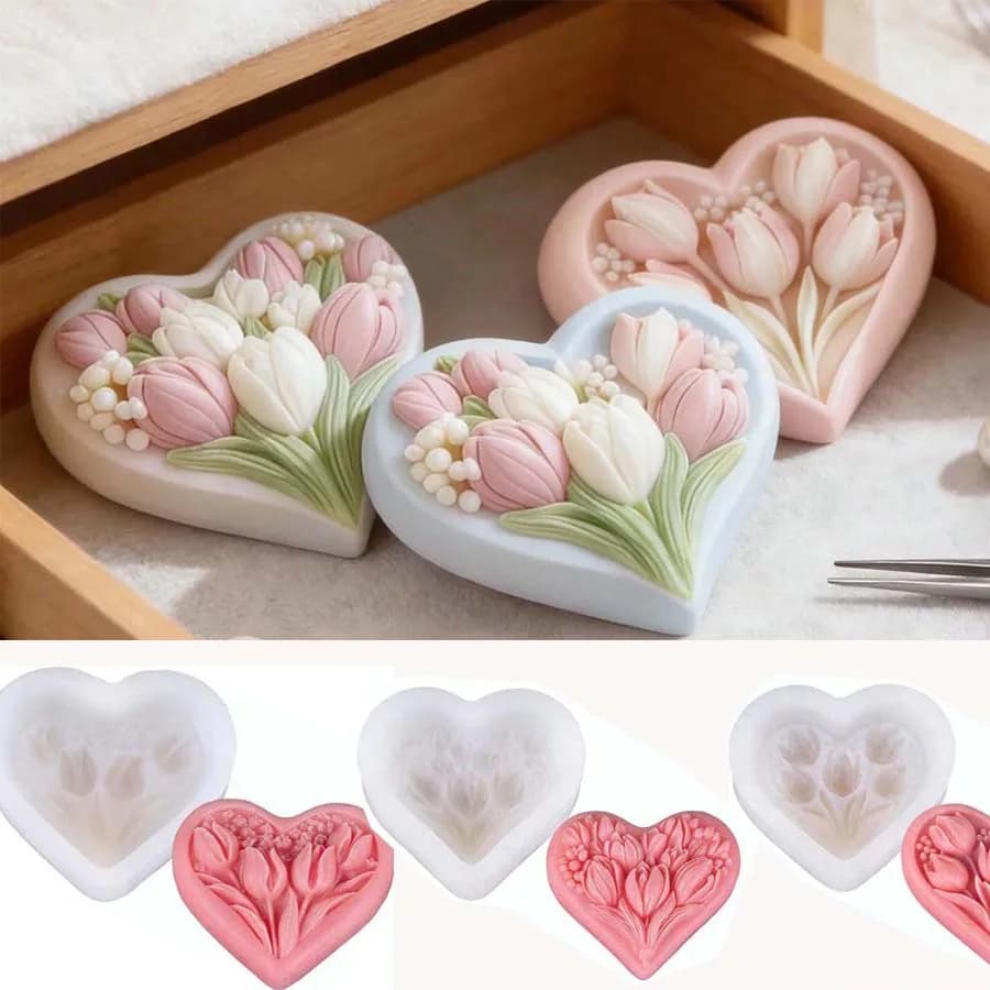 Stampo in Silicone 3D a Forma di Cuore e Tulipano per Candele, Sapone, Gesso, Aromaterapia, Mousse, Decorazioni per Torte, Facile da Pulire, Regalo per la Casa