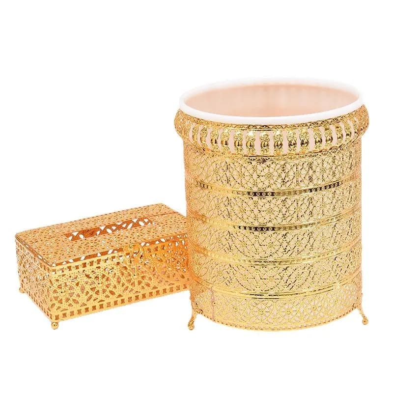Nordic fashion home decoration trash can tissue box set golden iron storage bucket European style trash basket wholesale