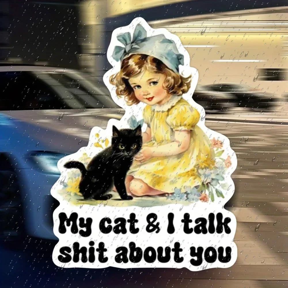 Divertente Adesivo in Vinile per Amanti dei Gatti: "Parlo di te con il mio gatto" - Simpatica Decorazione per Auto, Laptop e Finestre