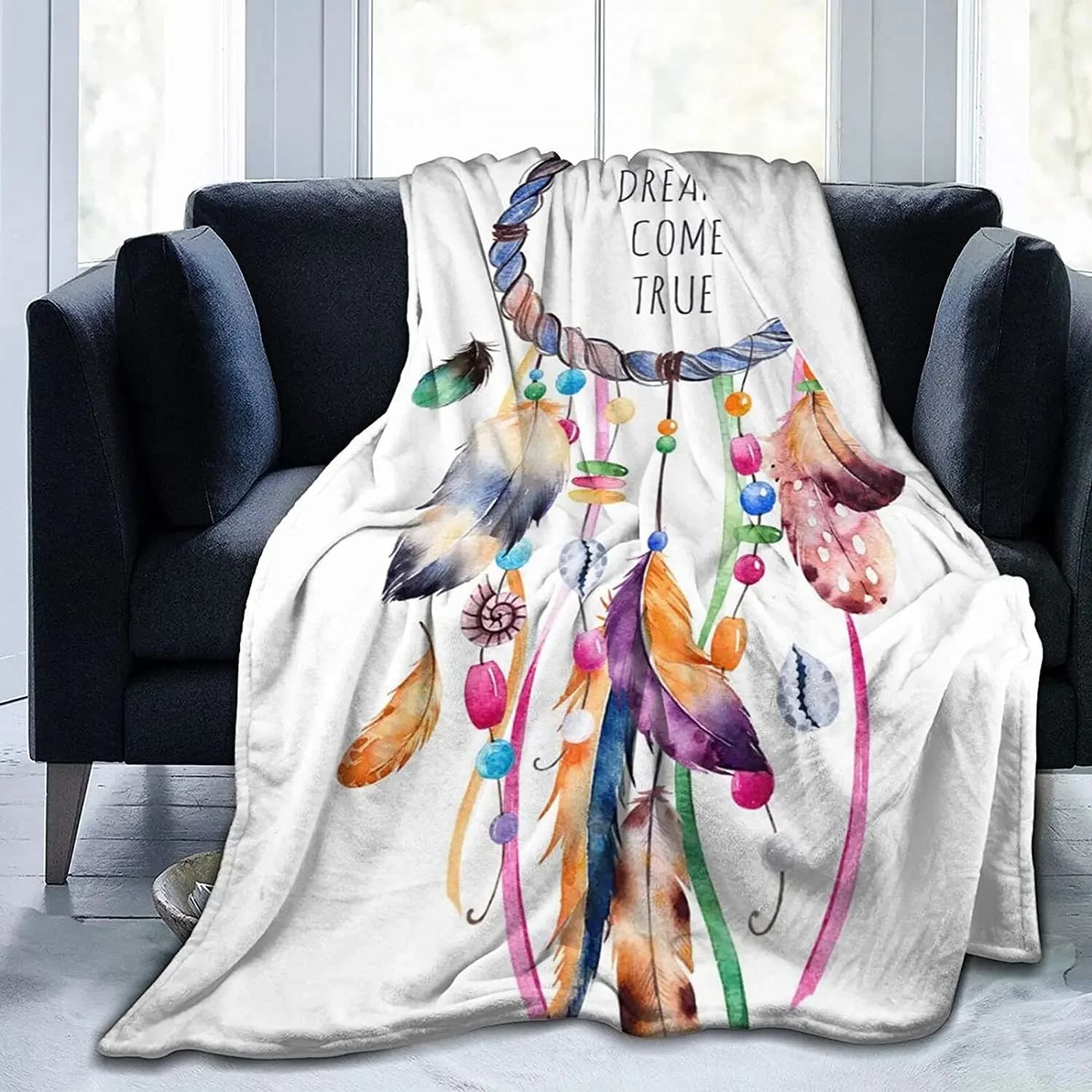 Feather Dream Catcher Flannel Throw Blanket for Sofa Chair Bed Office Travelling Camping Super Soft Lightweight Gift Blanket