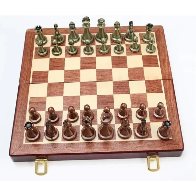 39×39cm Large Foldable Chess Board, Premium Metal Chess Set with Bronze Zinc Alloy Chessmen