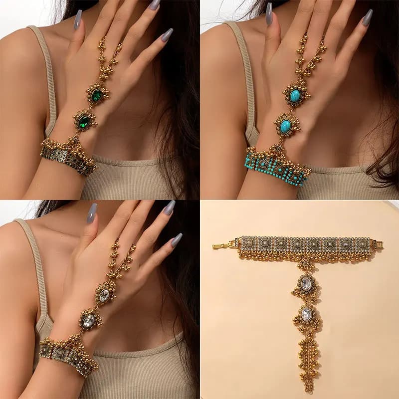 Set di Bracciale e Anello da Donna con Cristalli Verdi e Perline Turchesi, Catena Regolabile, Gioielli alla Moda Stile Manette, Idea Regalo