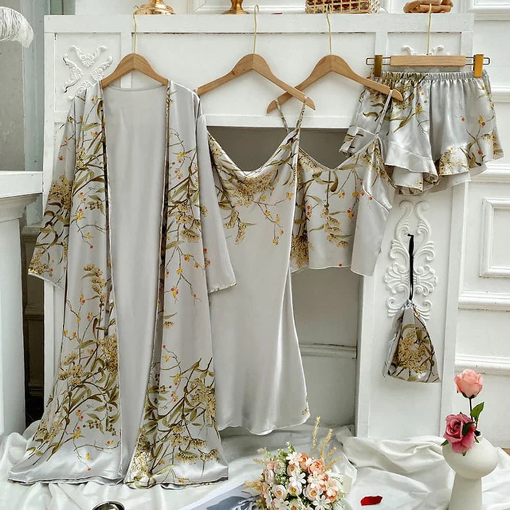 Elegante stampa fiore 4 pezzi pigiama set donna casual kimono accappatoio abito sexy rayon setoso indumenti da notte camicia da notte abiti larghi per la casa