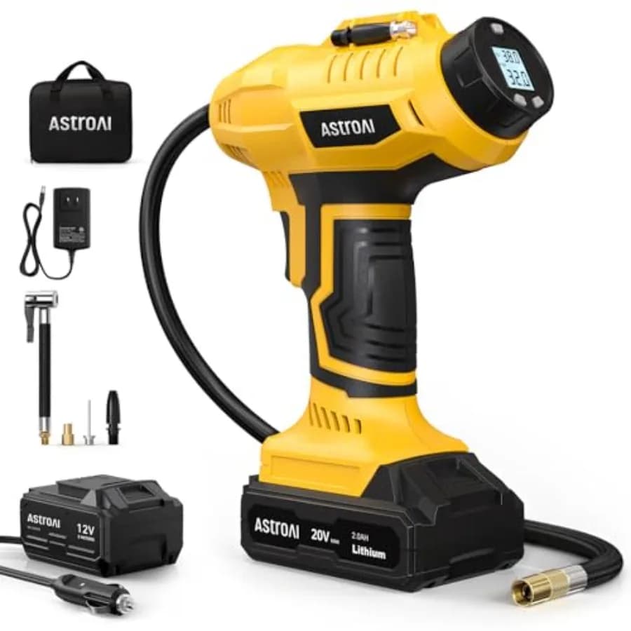 Compressore d'Aria Ricaricabile Senza Fili 20V Giallo con Manometro Digitale per Auto e Moto 160PSI 12V