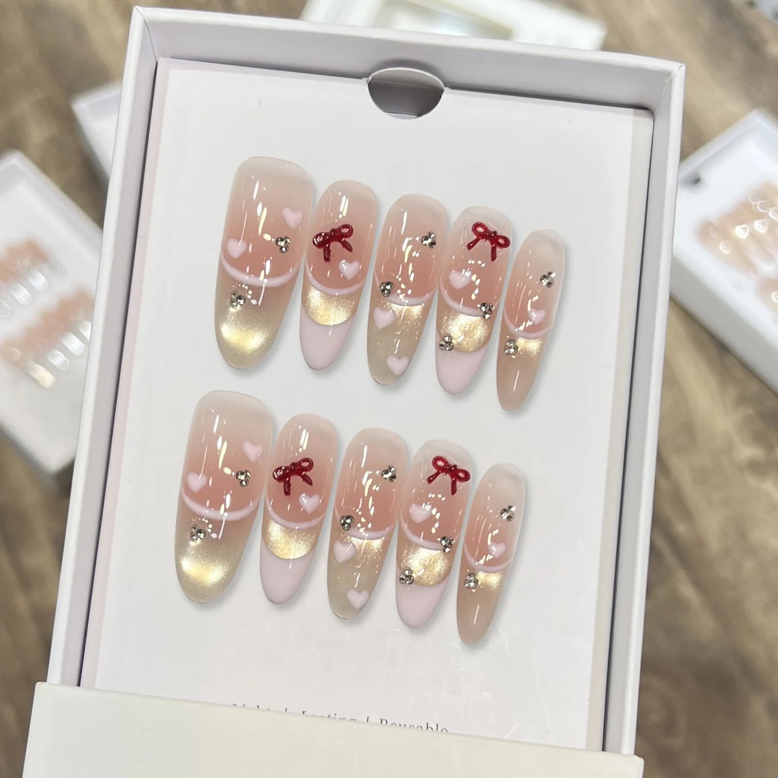 10 pieces set of french fake nails with bowknot heart drawings pink cat eyes shaded shiny fake nails oval for women