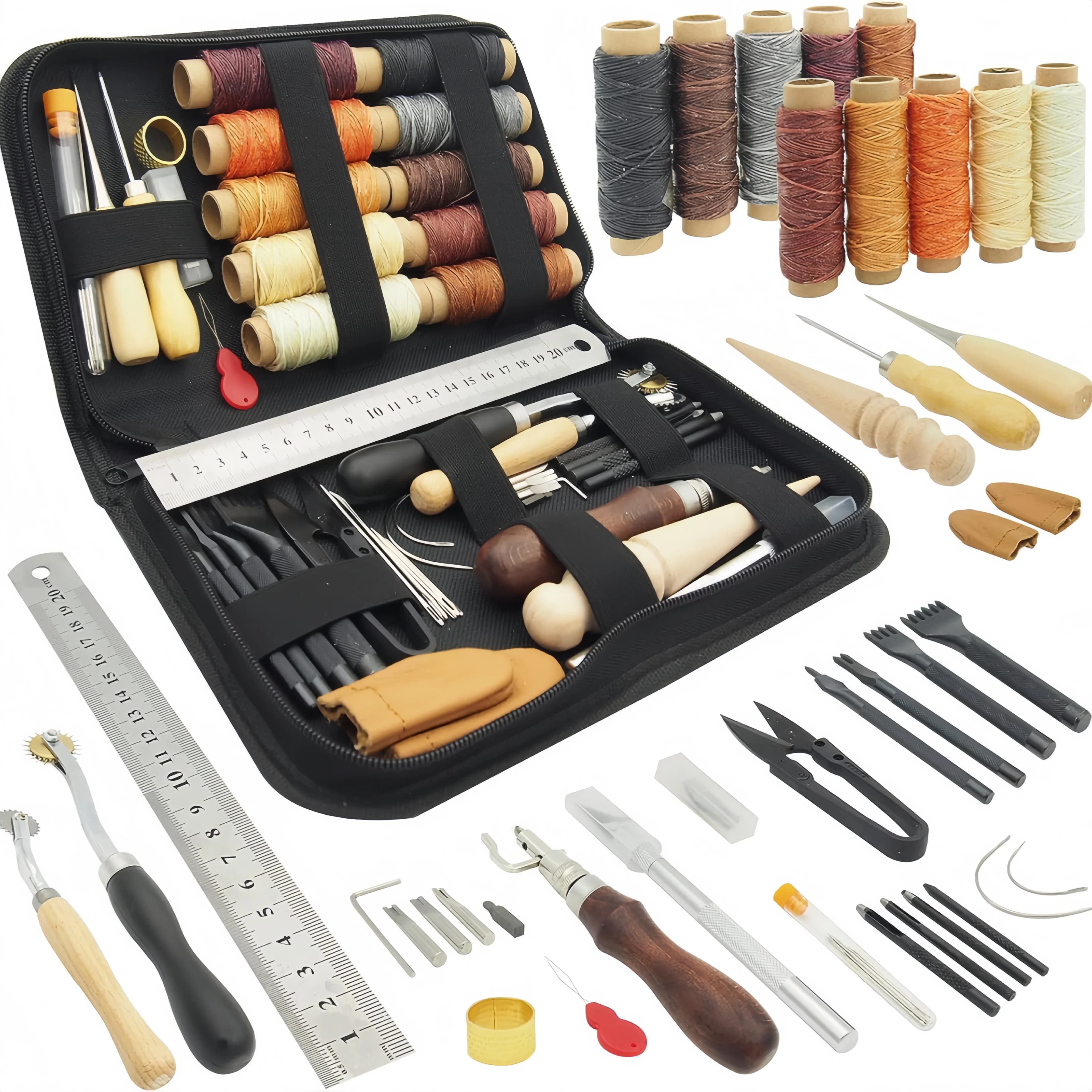 Kit di Strumenti per Lavorazione del Cuoio, Set Professionale per Cucitura a Mano, Riparazione, Punzonatura e Incisione