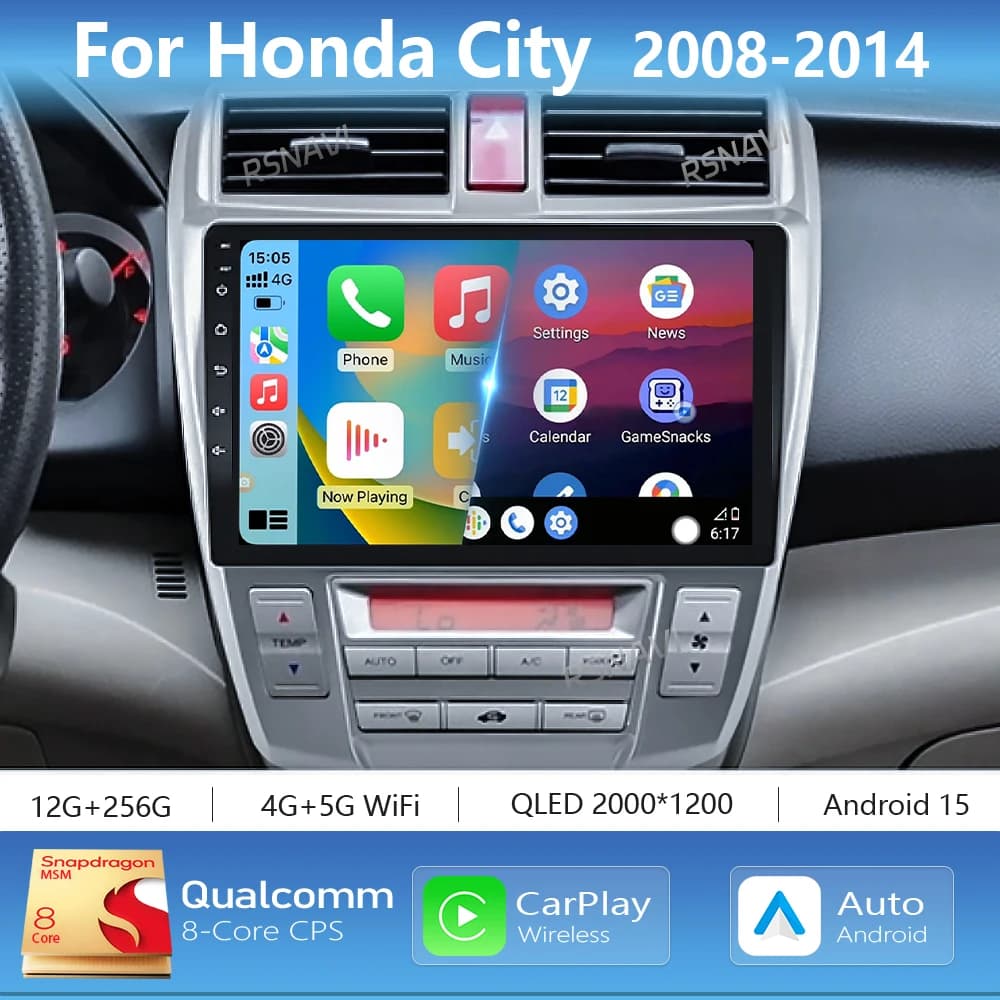 Android 16 Carplay Auto 2K Screen Car Radio Multimedia Player For Honda City AT 2008 - 2014 Autoradio GPS Stereo 2din Head Unit