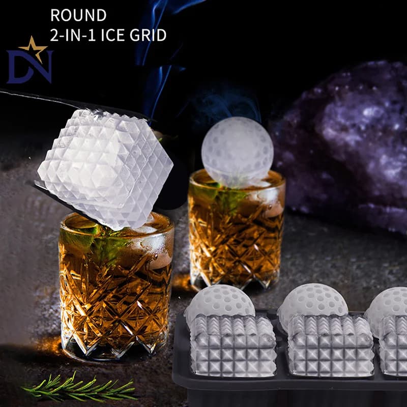 Vassoio per cubetti di ghiaccio in silicone grande, 3 grandi cubetti di cristallo e vassoio per ghiaccio da golf a 3 sfere, stampi per ghiaccio a sfera, stampo per cubetti di ghiaccio con imbuto