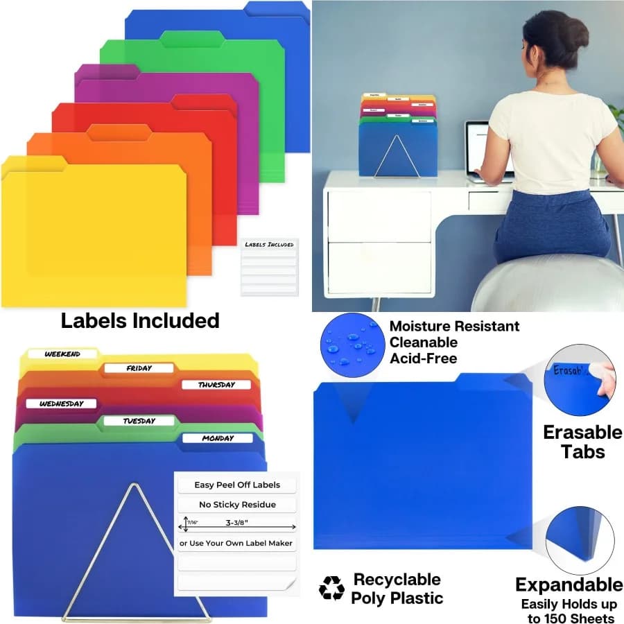 Cartelle di file colorate in plastica Dunwell Confezione da 12 cartelle di archiviazione con linguette da 1/3 per documenti in formato lettera 8,5x11 Colori assortiti Senza acidi