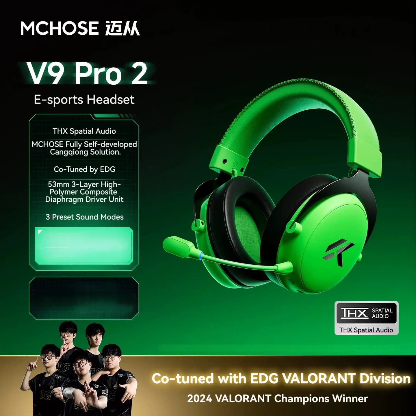MCHOSE V9 Pro 2 4-Mode Wireless Gaming Headset THX Spatial Audio 53mm Driver Over-Ear 300h Battery EDG Co-Tuned for PS5 PC Gift