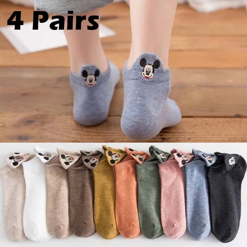 4 pairs of Disney Women's Socks Cartoon Boat Socks Low Tube cartoons embroidery funny socks cotton ankle socks Kawii