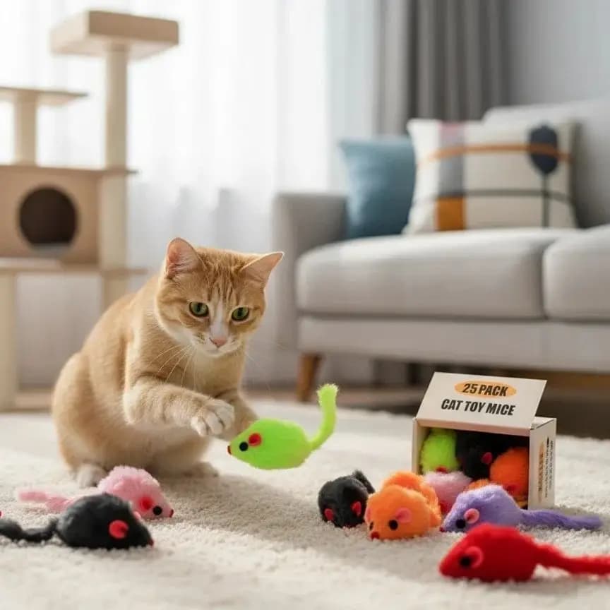 Pack of 25 toys for cats with small mice in plush, mouse-shaped cat toys, interactive rat toys suitable for aggressive games, sport