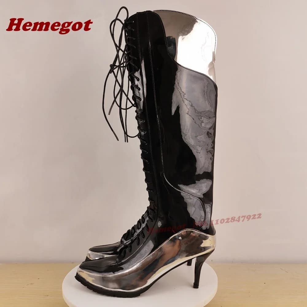 High knee boots gloss patchwork Winter boots with stiletto heel and tip for women 2025 New catwalk shoes in patent leather