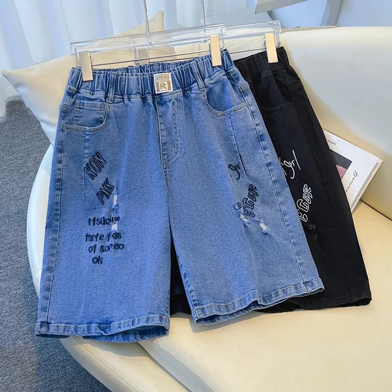 150Kg Plus Size Donna Hip 150 Pantaloni da lavoro Estate Jeans corti larghi a vita alta Blu Nero 5XL 6XL 7XL 8XL 9XL