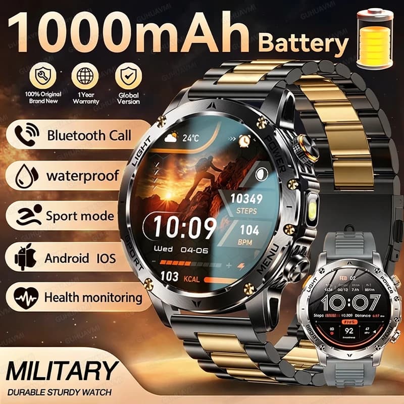 2026 New 1000mAh Battery Smartwatch Outdoor GPS Flashlight IP68 Waterproof Bluetooth Call Titanium alloy Military Smartwatch Men