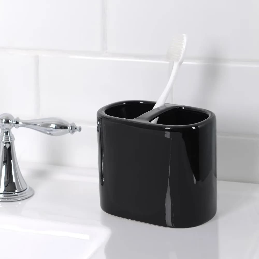 Elegant Modern Ceramic Toothbrush Holder for Bathroom Countertop Storage with 4 Slots and 1 Rinse Cup, Sleek Minimalist Design in Rich Matte Black Finish, Durable Waterproof Organizer for Adult Electric and Manual