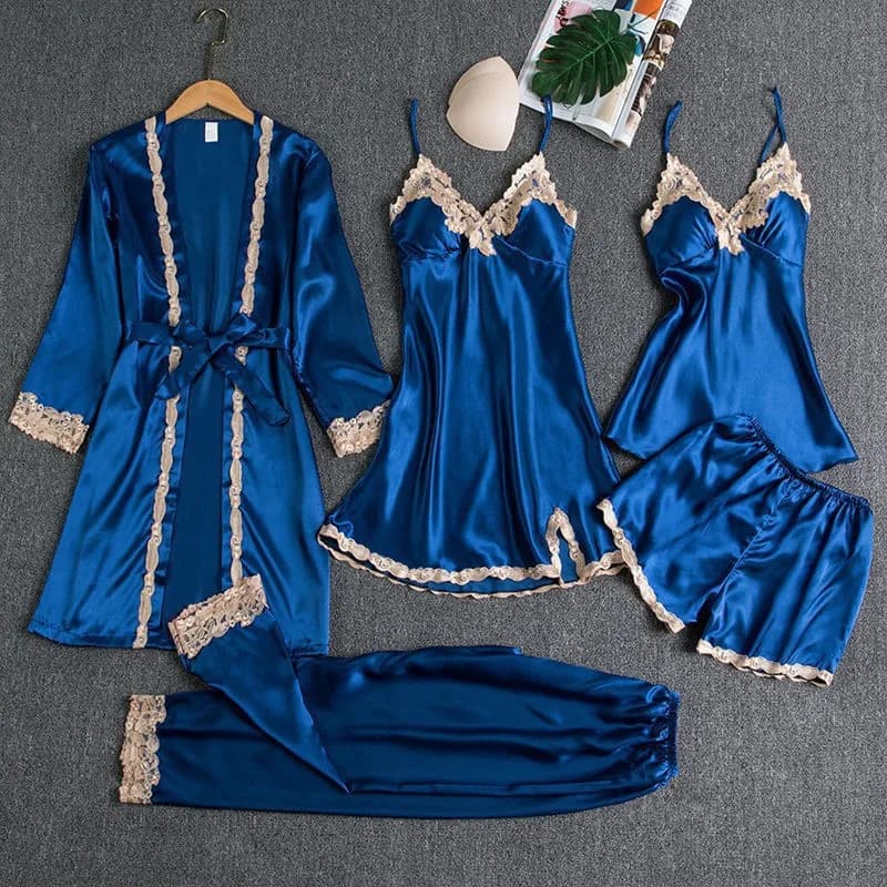 2025New Set pigiama in raso di lusso 5 pezzi Indumenti da notte setosi da donna Abito in pizzo Camicia da notte Cami Pantaloncini Pantaloni Elegante Pigiama Hot
