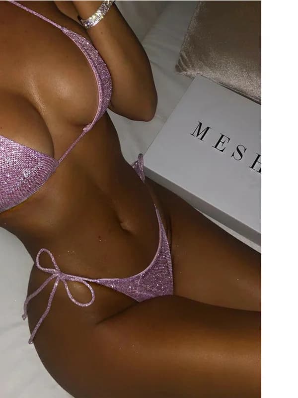 Costume da Bagno Bikini Glitterato in Tessuto Scintillante da Donna, Abbigliamento Sportivo Casual in Poliestere, Due Pezzi
