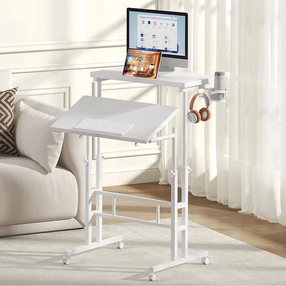Scrivania per laptop con ruote regolabile in altezza, scrivania mobile da 23,6 pollici, tavolo da ufficio ergonomico sit-stand, bianco