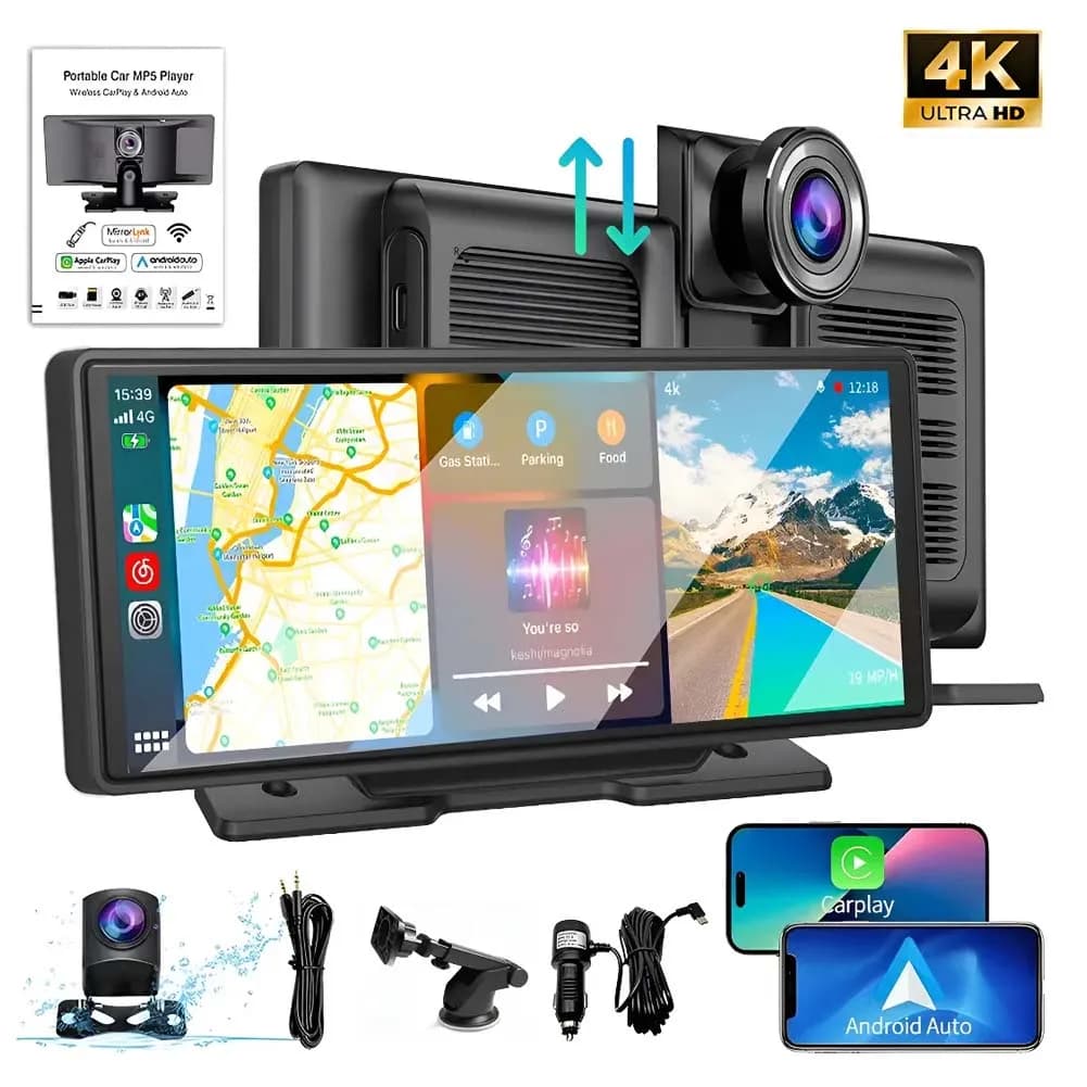 Lettore video per specchietto per auto 4K Schermo Carplay wireless Telecamera per retromarcia posteriore HD Monitor per autoradio Telecamera per retromarcia multimediale Dashboa