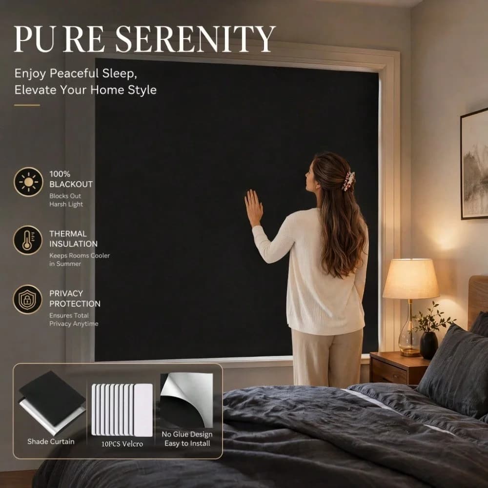 1 black opaque privacy window shade cloth. Complimentary measuring tape, marker, and Velcro.