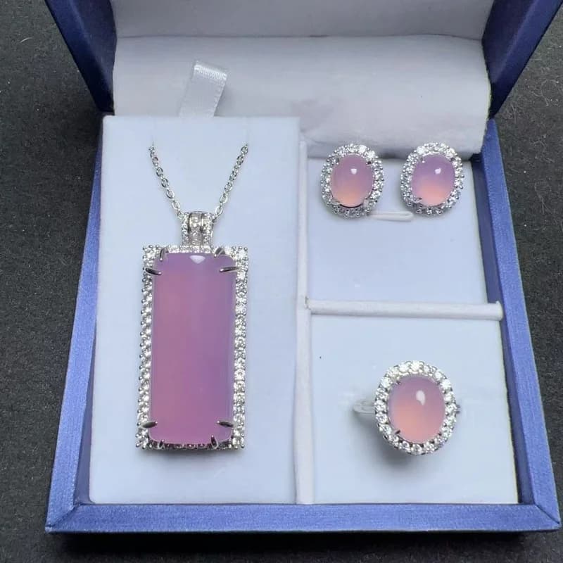 Natural jade chalcedony pendant necklace, earrings, ring, pink three-piece set, Mother's Day gift for mom