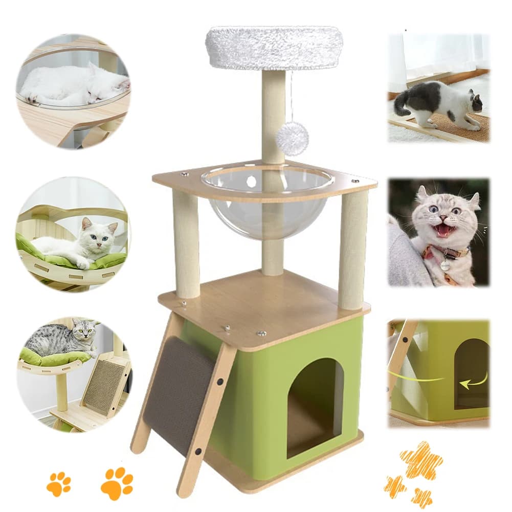Albero per Gatti Verde con Cuccette, Tiragraffi, Capsula Spaziale, Struttura per Arrampicata, Torre e Posti di Riposo - Prodotti per Animali Domestici