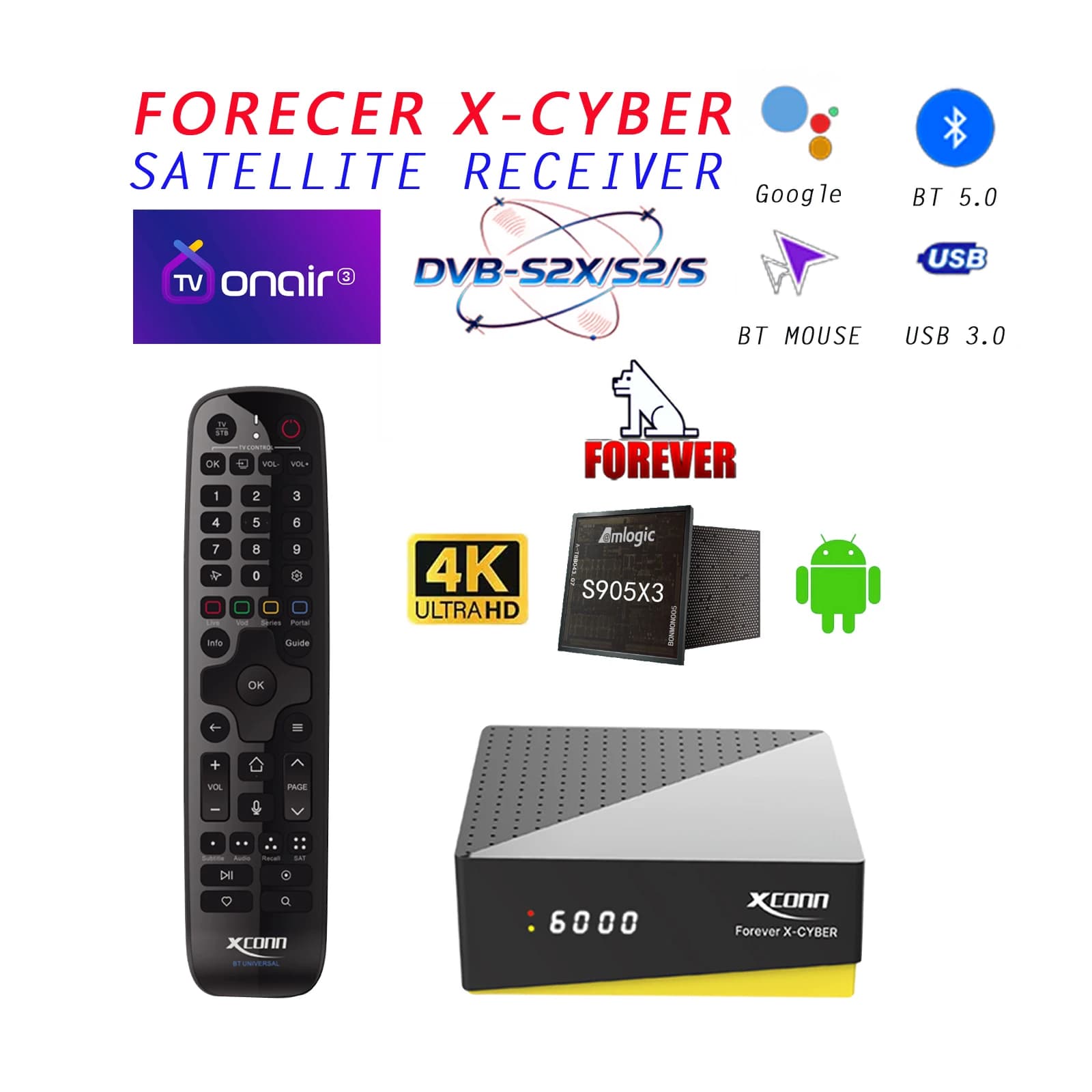 XCONN FOREVER X-CYBER 4K TV Box Super Box Android Box ACECONN X4GB 32GB Dual WiFi Telecomando (BT, retroilluminazione, ricerca, apprendimento)