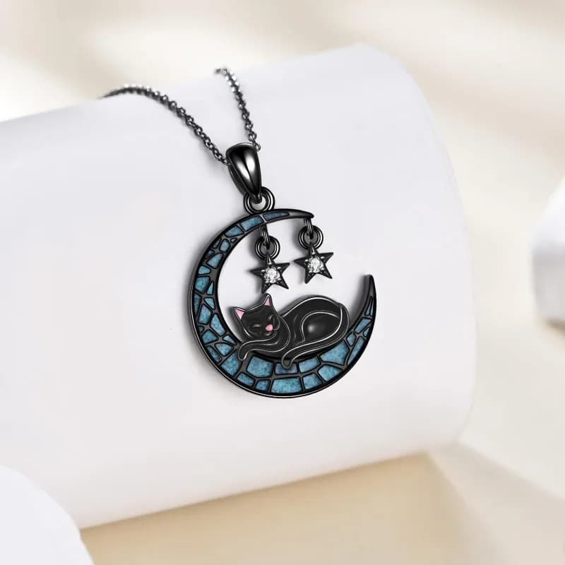 Creative star moon cat collarbone chain dripping oil looking up at the starry sky kitten pendant children's necklace