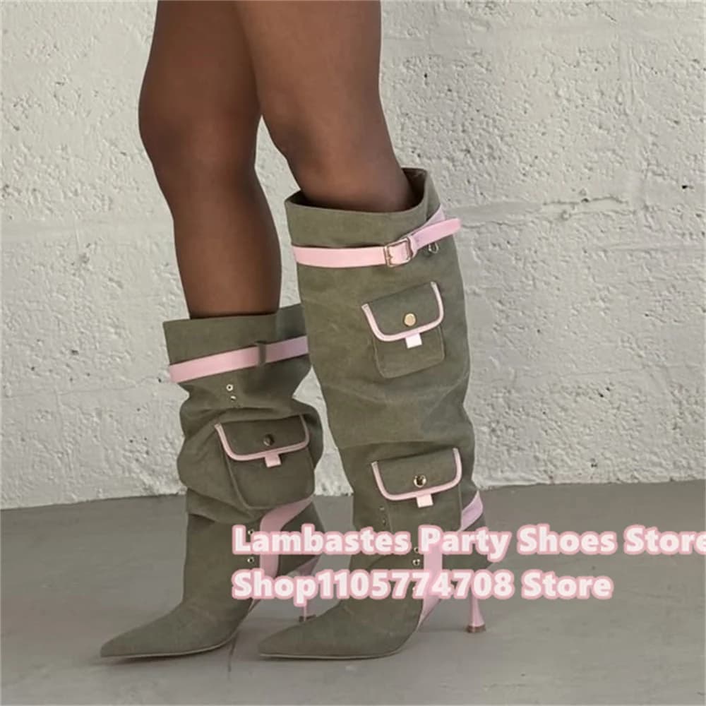 Flap Pocket Embellished Knee High Boot Women Autumn New Sexy Pointed Toe Stiletto Heel Pink Strappy Belt Buckle Long Boot
