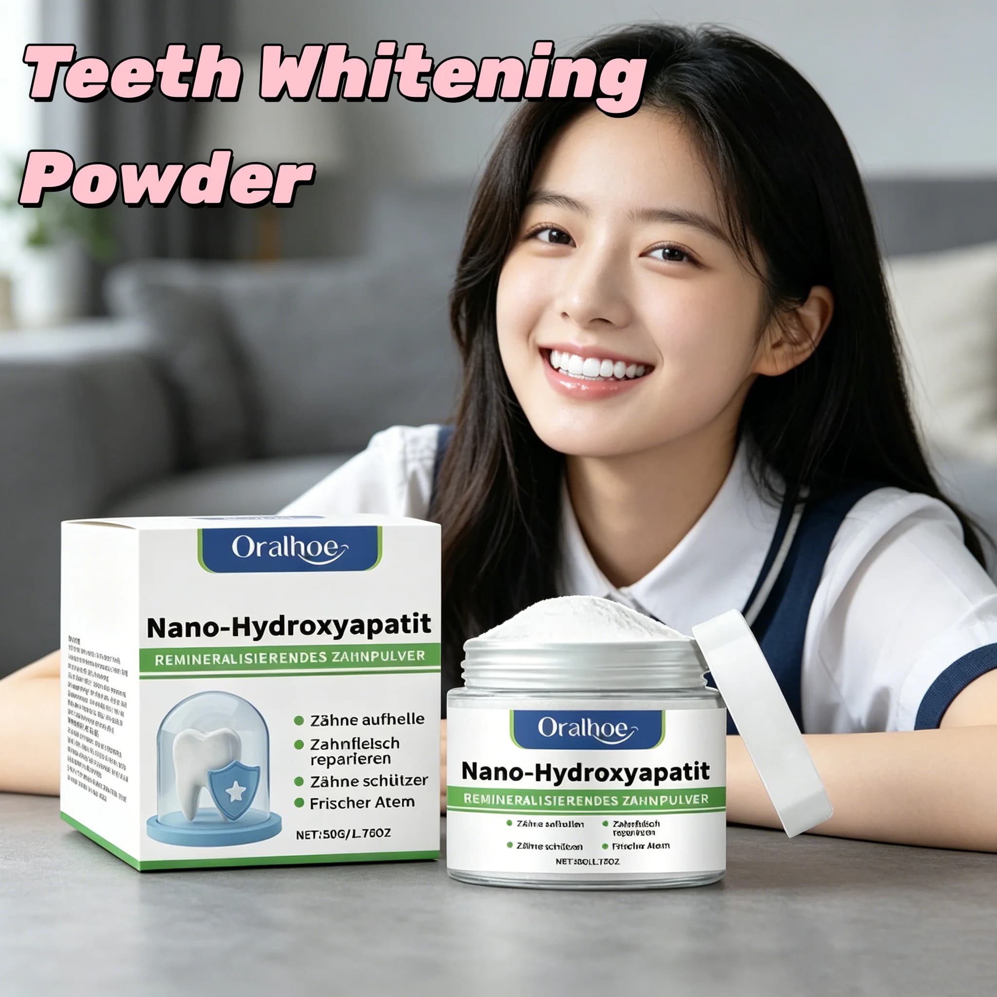 Polvere sbiancante istantanea per denti, sbianca rapidamente i denti gialli, rimuove le macchie di fumo, tè e caffè, pulizia profonda, alito fresco, cura dell'igiene orale.