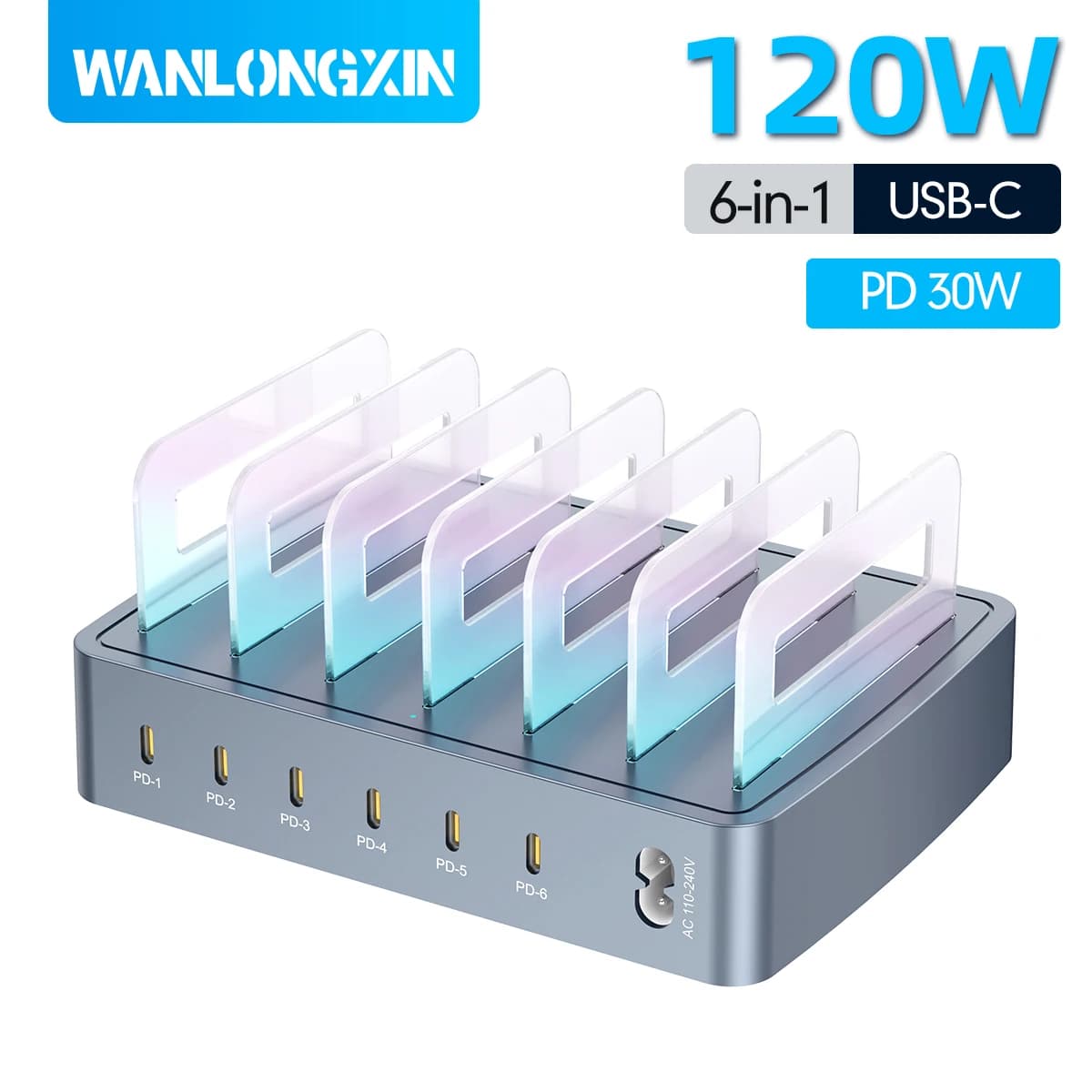 Caricatore universale multi USB C da 120 W PD 30 W Supporto da tavolo per telefono/tablet/laptop con ricarica rapida per iPhone Samsung