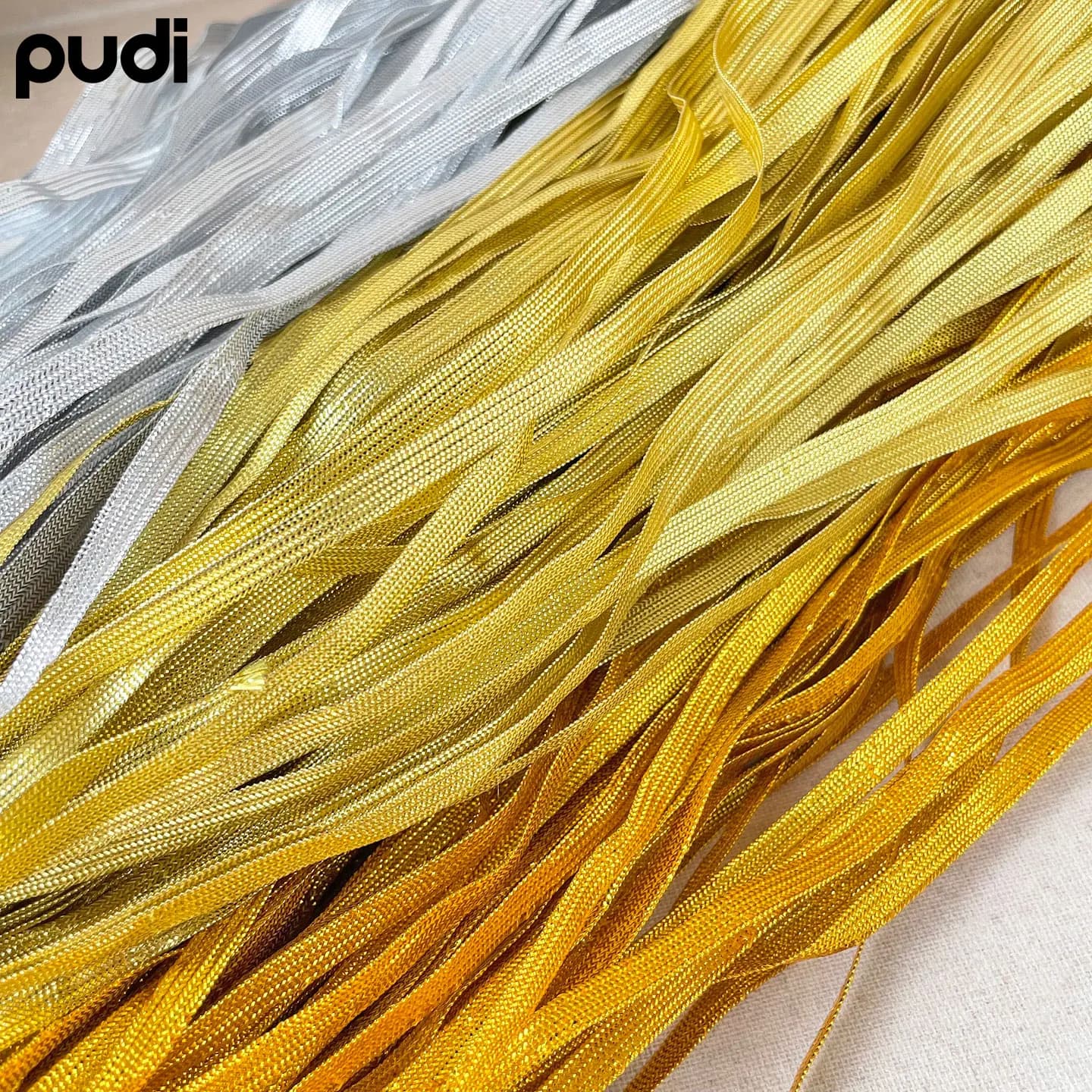 Pudi 50 Yards Gold and Silver Flat Ribbon for Festival Lanterns, Decorative Ribbon with Gold Thread, Glitter Ribbon, Trim, Gold-Edged Webbing