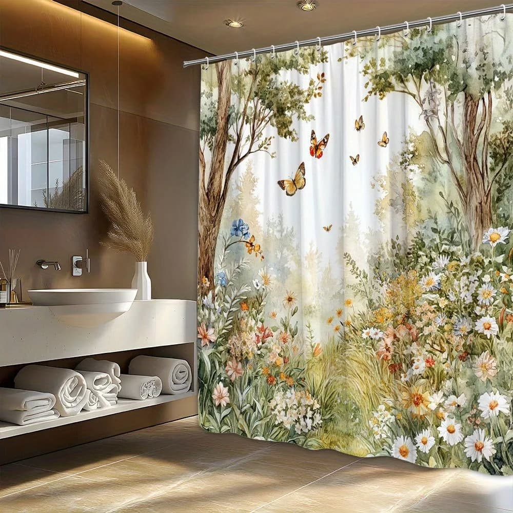 Tenda da doccia silenziosa foresta e prateria, lavabile, resistente allo sporco, tenda da bagno in poliestere impermeabile per la decorazione domestica