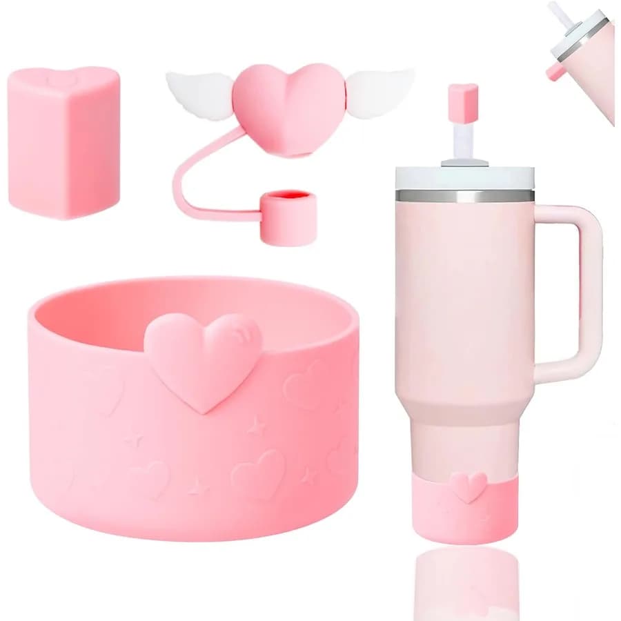 Set di accessori per tazze in silicone, incluso 1 botte d'amore per tazza da 40 once, 30 once, bicchiere, 1 pezzo di ala d'amore e 1 cappuccio magnetico in cannuccia