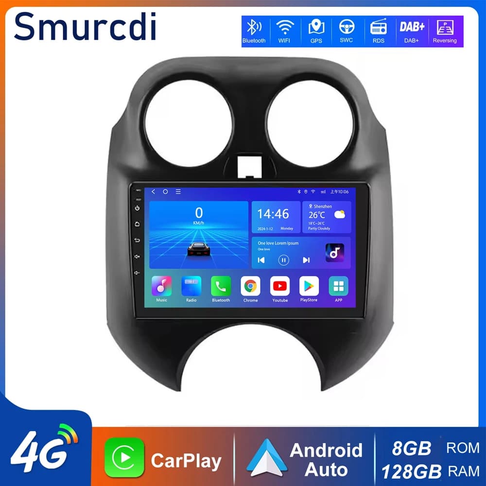 Autoradio Android 16 Carplay per Nissan March MICRA 2010 2011 2012 2013, lettore multimediale audio video con GPS e navigazione 4G