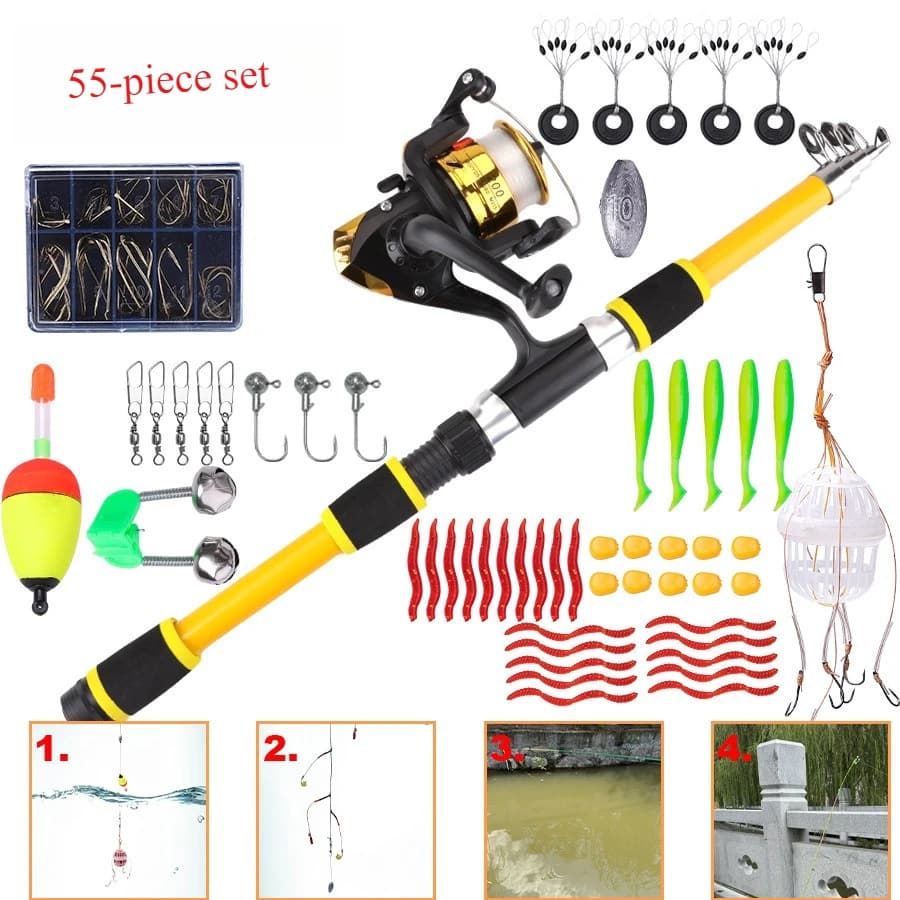 Canna da pesca telescopica portatile da 1,8 m con mulinello combinato Kit da spinning da 55 pezzi con esche morbide per la pesca alla carpa per principianti