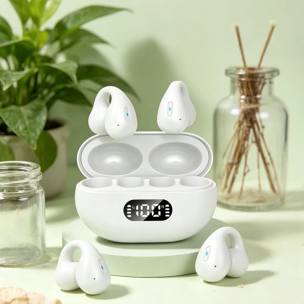 NUOVE Cuffie Wireless TWS Bluetooth 5.3 a Conduzione Ossea, Design a Clip per Orecchio, Controllo Touch, Auricolari LED, Cuffie Sportive